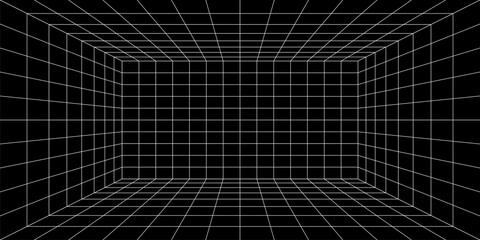 3d grid space. Empty futuristic digital box room, black abstract background with white grid space lines perspective view. Network cyber technology, sci-fi, wireframe. Cyberpunk and vaporwave