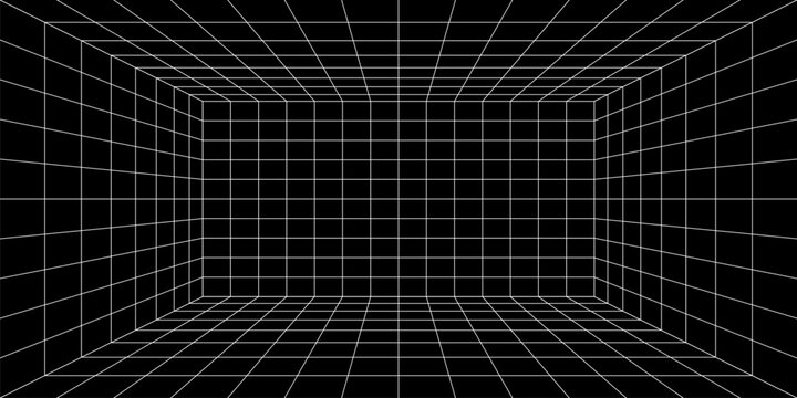 3d grid space. Empty futuristic digital box room, black abstract background with white grid space lines perspective view. Network cyber technology, sci-fi, wireframe. Cyberpunk and vaporwave