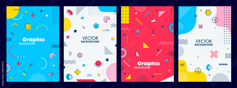 Poster Modern abstract posters with geometric Memphis shape elements pattern, vector background. Memphis pop art style or hipster minimal line and simple color posters in geometric minimalism graphic figures