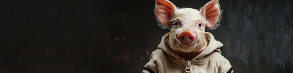 little pig in a tracksuit. laughter. great emotions. dark background. 