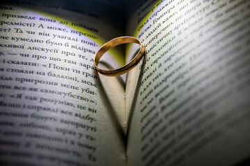 The Golden Ring stands between the pages of the book and creates a shadow in the shape of a heart.	
