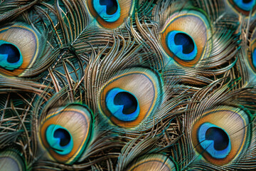 Fototapeta premium Close-up of vibrant, natural peacock feather plumage showing intricate, iridescent patterns and textures in blue, green, and gold