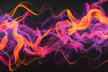 Vibrant neon abstract artwork with orange and pink swirling patterns. Beautiful creation on black background.