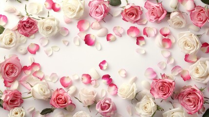 Pink And White Roses. Beautiful Floral Arrangement on Flat White Background