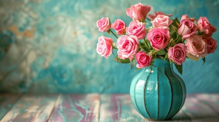 Flower Vase. Beautiful Bouquet of Pink Roses in Turquoise Ceramic Vase for Anniversary