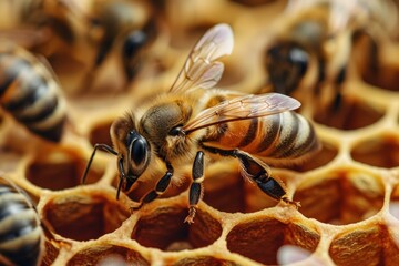 Bee flower population. Macro garden. Generate Ai