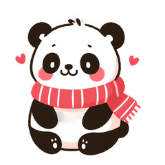 A cute cartoon panda wearing a red scarf is sitting down with a shy smile on its face.