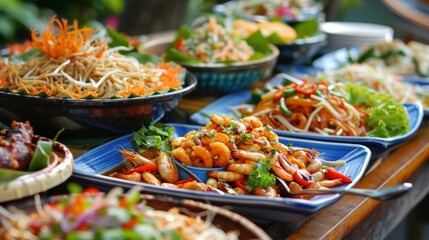 Thai food, mango salad, crispy pork, papaya salad, fried shrimp, noodles, fried chicken, plain rice, pork fried rice, shrimp fried rice or food that Thai people like to eat or seafood.