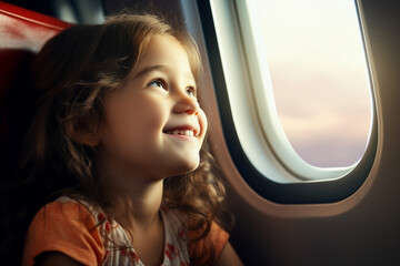 Cute happy cheerful child sit on the airplane near window created generative AI technology