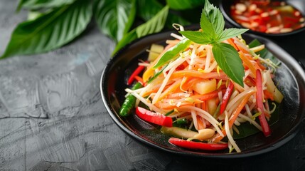 Thai food, Papaya salad on black plate, Close up papaya salad spicy with green leaf background