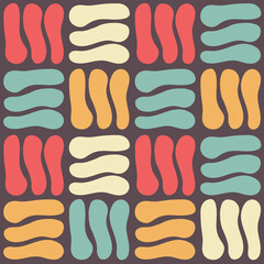 Abstract geometric seamless pattern vintage 60s 70s style. Retro square template, endless background with colorful wavy shapes. Repeat vector illustration. Checkered gingham texture