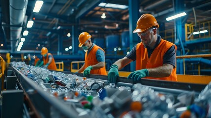 A group of men in bright orange vests working together on a conveyor belt, sorting recyclable materials