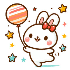 Naklejka premium Cute cartoon rabbit holding a balloon with stars in the background.