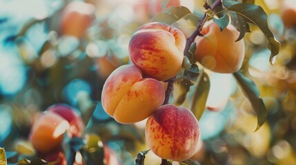 Ripe peaches on a branch, fresh fruit, summer