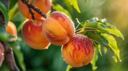 Ripe peaches on a branch in drops from the rain, fresh fruit, summer