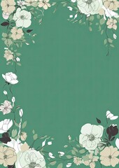 Card border: Green Background With White Flowers and Leaves