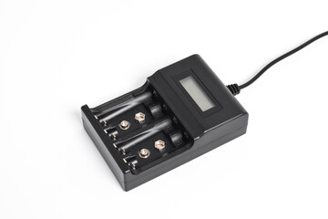 Black Rechargeable battery charger for for AA, AAA and PP3 batteries isolated on white background