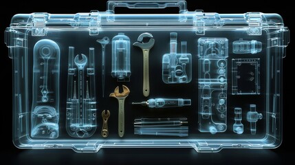 X-ray scan of a toolbox, showcasing the arrangement of tools and compartments.