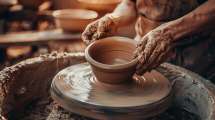 A person is making a pottery piece with their hands. The pottery is brown and has a rough texture. The person is focused on their work, and the scene conveys a sense of dedication and craftsmanship