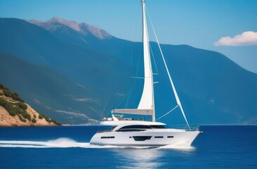 Fototapeta premium White yacht in the sea against the backdrop of mountains and forest on a sunny day.