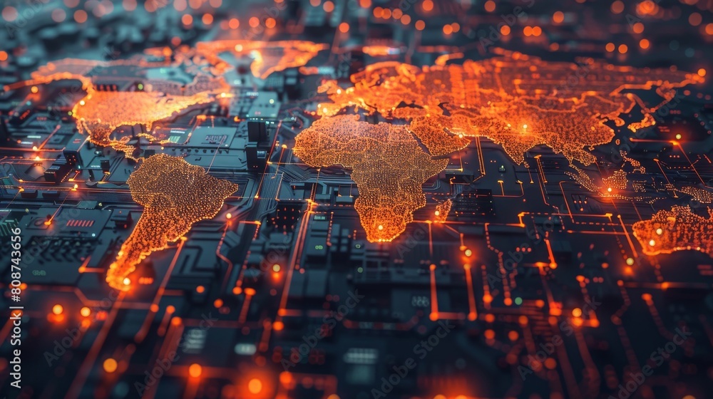 Poster blockchain-driven supply chain visualization, interactive global map, logistics nodes highlighted