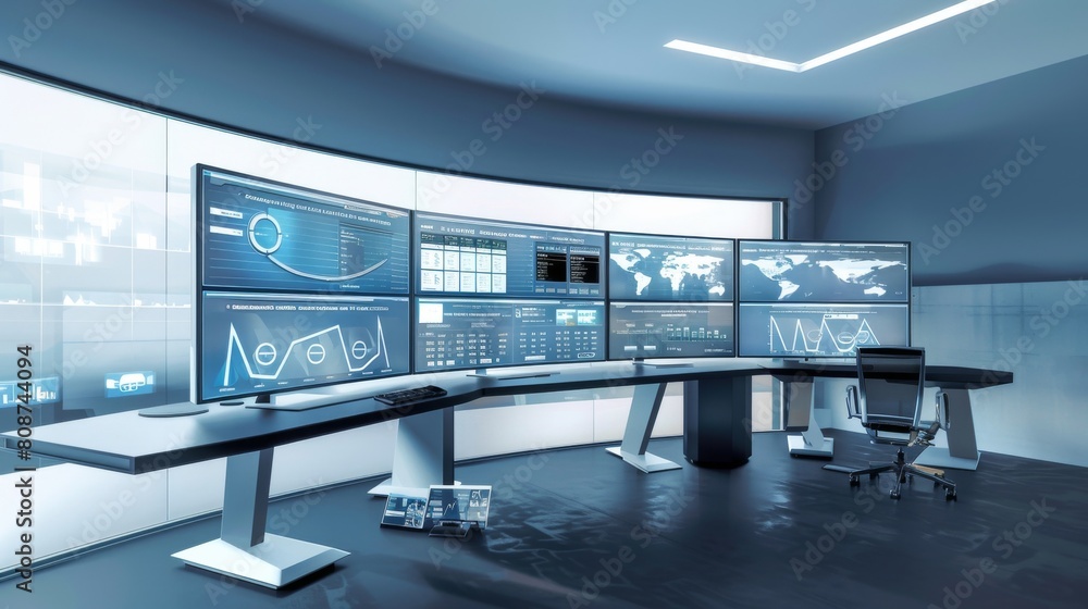 Poster command center with multiple screens displaying erp dashboards, surrounded by a high-tech control ro