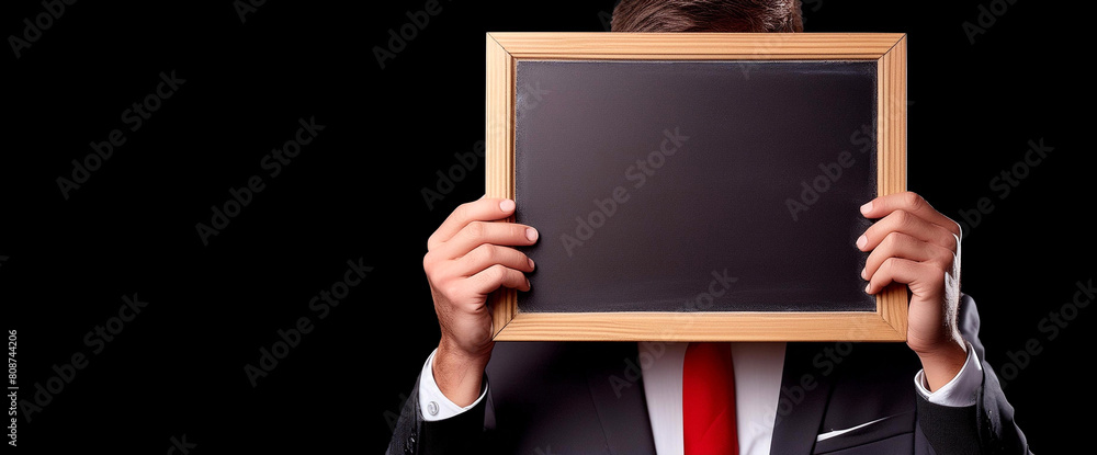 Poster close-up of a businessman dressed in suit and red tie holding a small empty blackboard with wooden f
