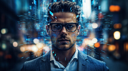 portrait of a man with eyeglasses in front of background of night streets of modern city, with lights and glow and digital ai elements