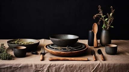 Set of vintage kitchenware and utensils on black background