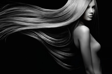 portrait of a young woman with long hair and a beautiful body, close-up, on a dark background, concept of style and beauty, black and white studio photo