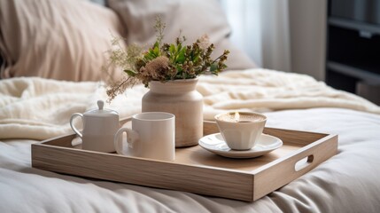 Coffee cup on wooden tray on bed in bedroom at home.