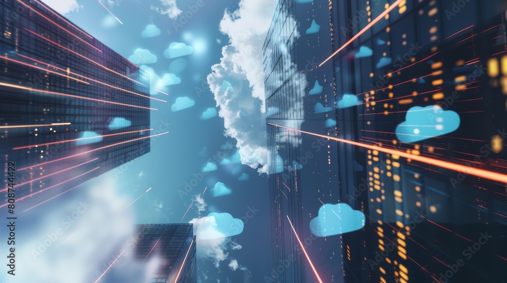 Poster data streaming through clouds with futuristic skyscrapers in the background, showcasing seamless int