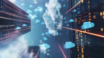 Data streaming through clouds with futuristic skyscrapers in the background, showcasing seamless integration of ERP systems, modern and sleek design,
