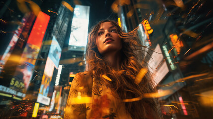 portrait of a girl against the background of the night streets of a modern city, with neon lights and glow