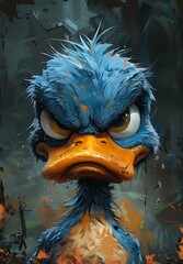 AI generated illustration of an angry blue duck