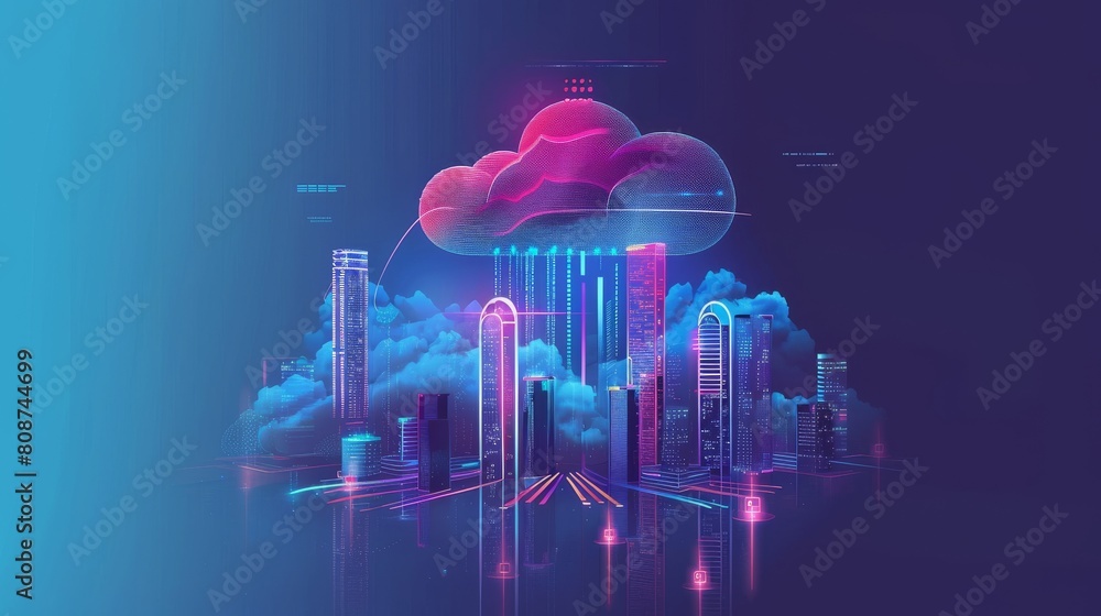 Poster digital landscape with towering clouds representing the vast potential of cloud computing, surrounde