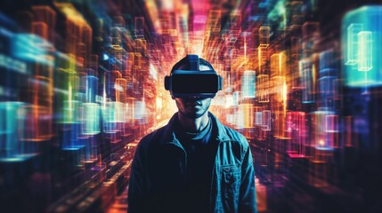portrait of a man with virtual reality eyeglasses in front of background of night streets of modern city, with lights and glow and digital ai elements