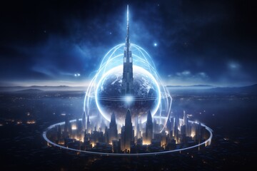 Futuristic metropolis, panoramic view, against the background of the night sky and space