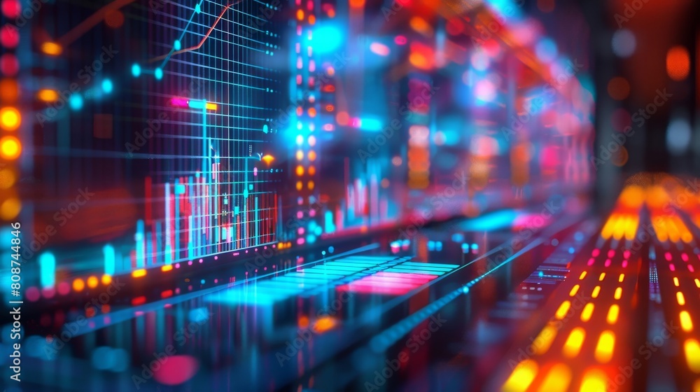 Poster erp data analytics dashboard, 3d charts and live data feeds, vibrant color highlights, office backgr
