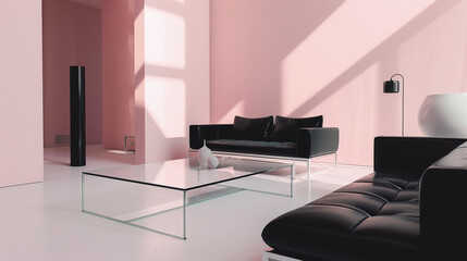 Minimalist lounge through a glass table, pastel walls with modern black furniture.
