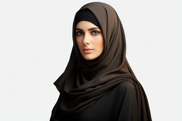 Portrait of beautiful caucasian happy smiling woman wearing black hijab over white png background. Waving head scarf, femininity, concept of goods for muslim islamic women. Copy space for design.