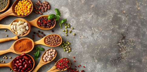Various exotic spices in wooden spoons on a grey background