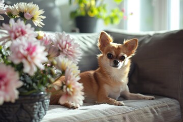 Couch Modern. Cute Chihuahua Dog Sitting in Modern Living Room with Stylish Interior Design