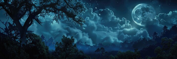 Dark Outdoors. Fantasy Landscape of Night Forest with Moonlit Clouds and Magical Sky