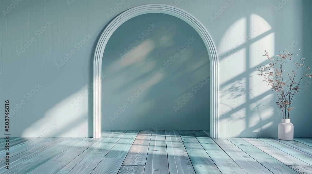 Wall mural Living room in 3D with a bright blue floor, oval arch, and delicate morning shadows. - Wall murals