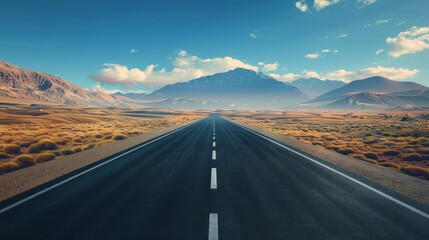 Aerial view of a deserted long road in a 3D illustration, showcasing a scenic route through a tranquil landscape, perfect for road trip concepts