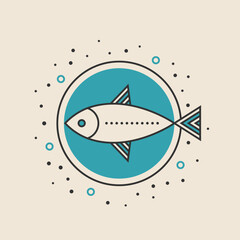 Fish doodle logo. Stylized black and blue line drawing on beige background. Best for web, print, logo creating and branding design.