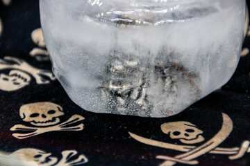 Pirate skull frozen in ice closeup 
