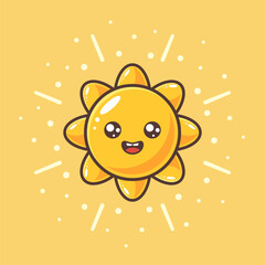 Kawaii little sun flat illustration. Yellow and orange sun with smiling face and brown outline.