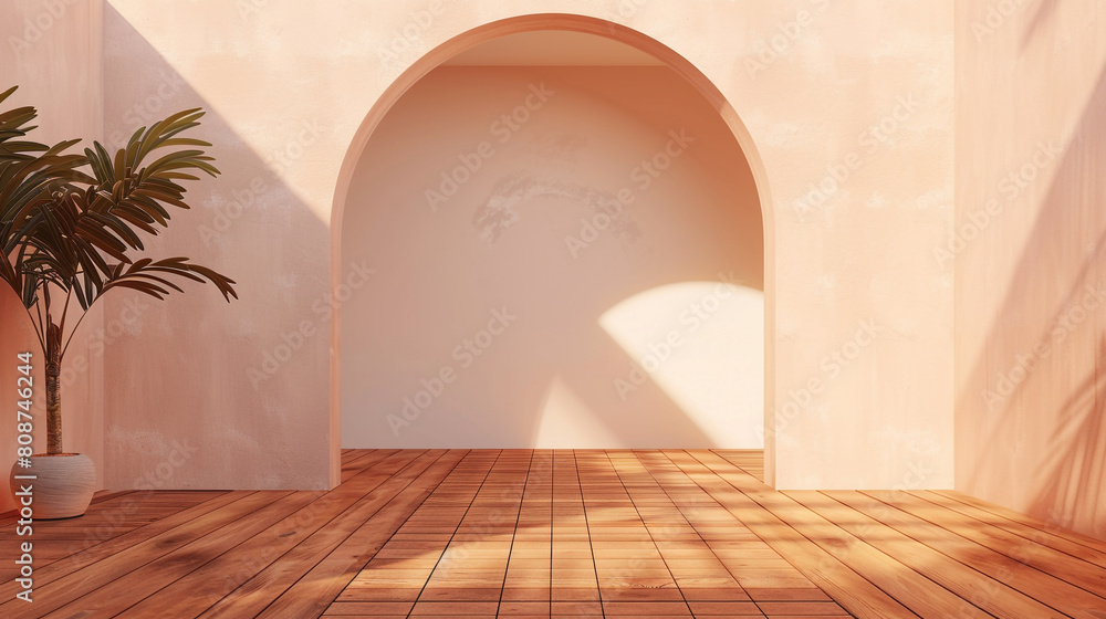 Wall mural Luxurious 3D office with an arched Moorish entrance and warm brown floor in morning light. - Wall murals